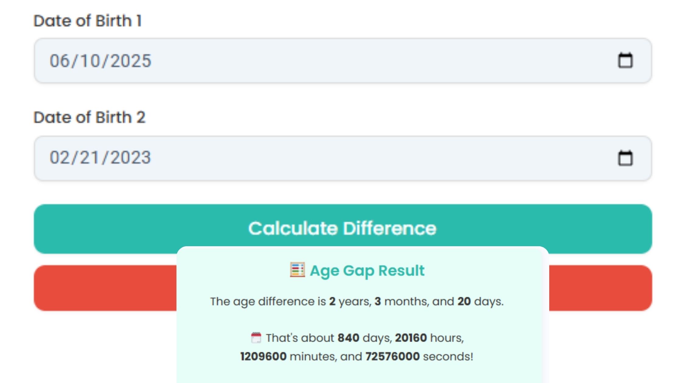 Age difference calculator interface showing years, months, and days