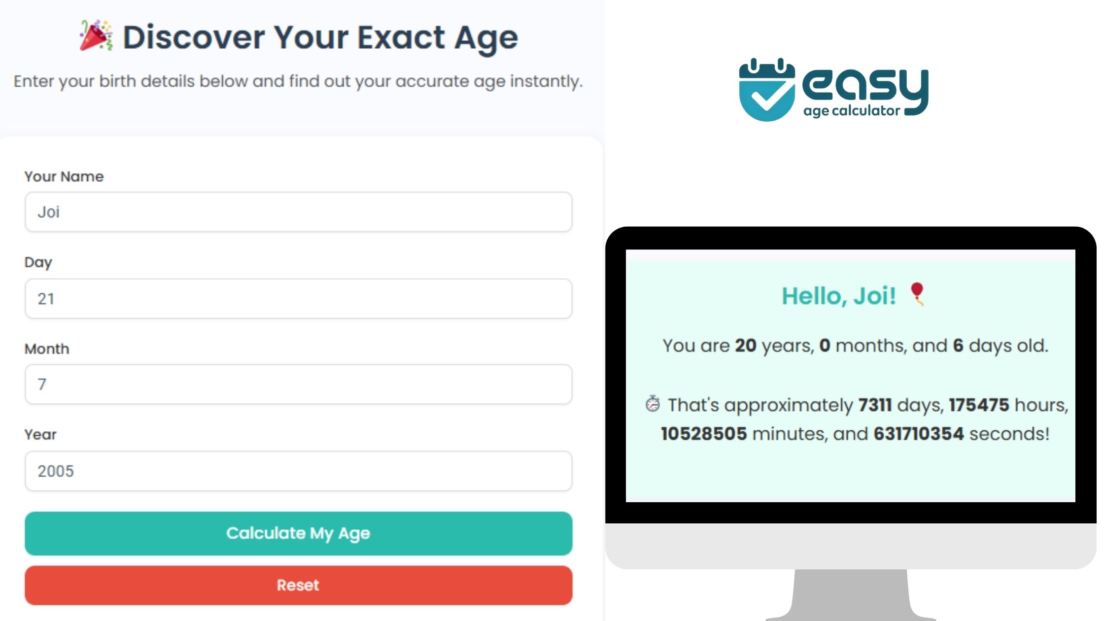 Easy Age calculator input and output example showing birth date entry and resulting age in years, months, days, and seconds
