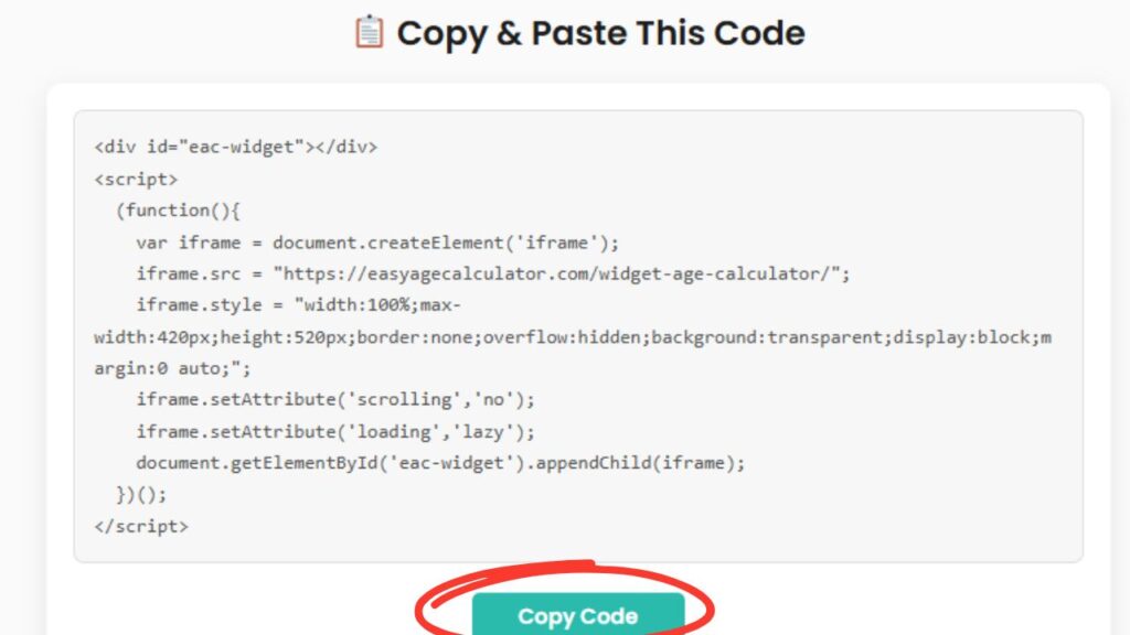 Screenshot showing the embed code for the Easy Age Calculator with a copy button highlighted
