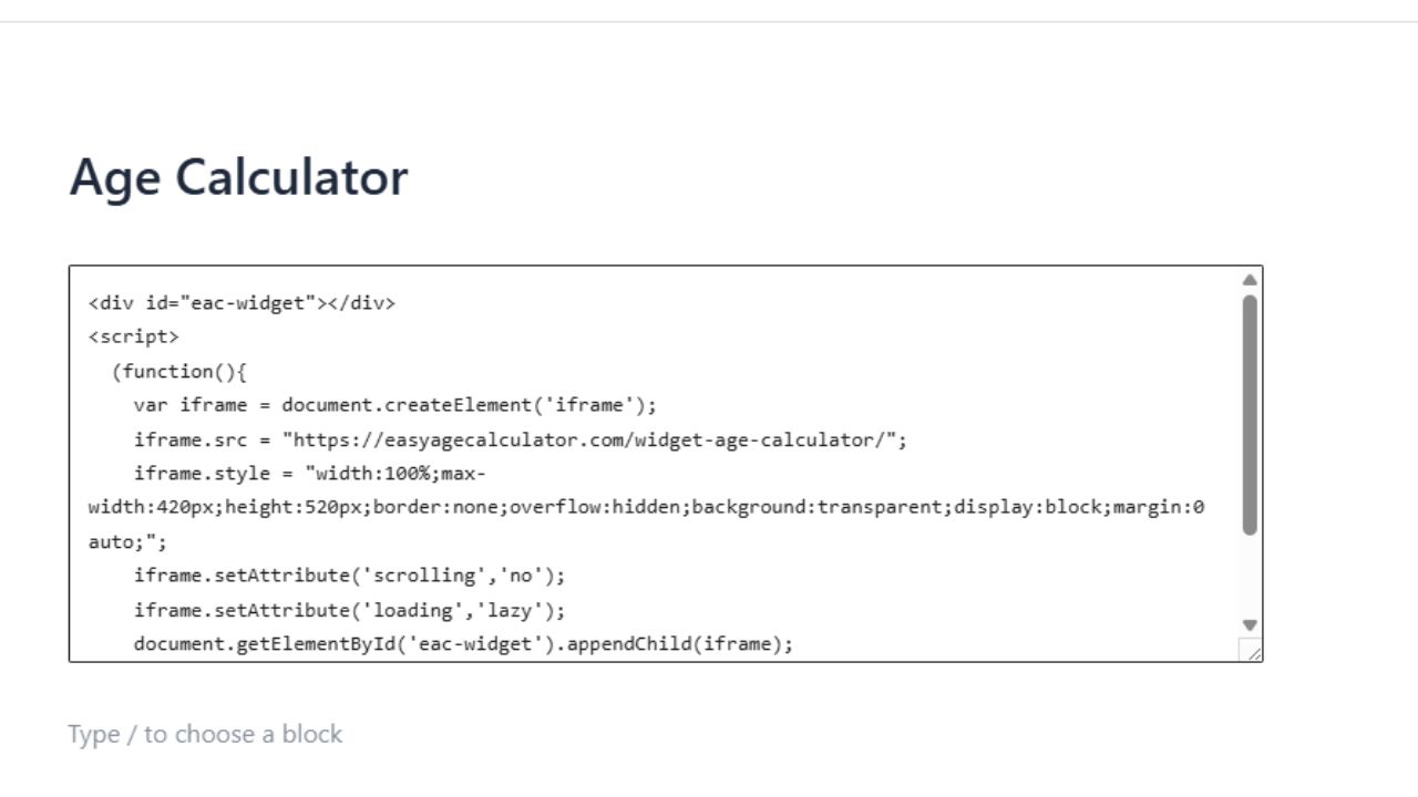 Screenshot showing the paste step, where the embed age calculator code is added into a website's HTML or a Custom HTML block in WordPress or Blogger